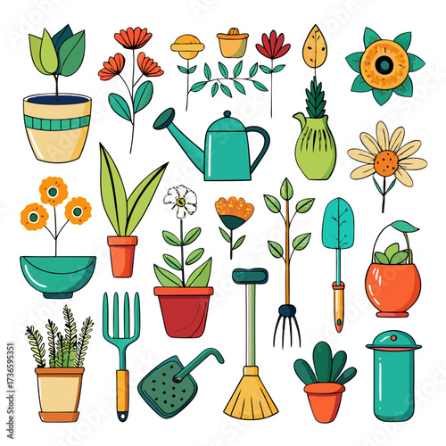 Collection of cartoon gardening tools and potted plants