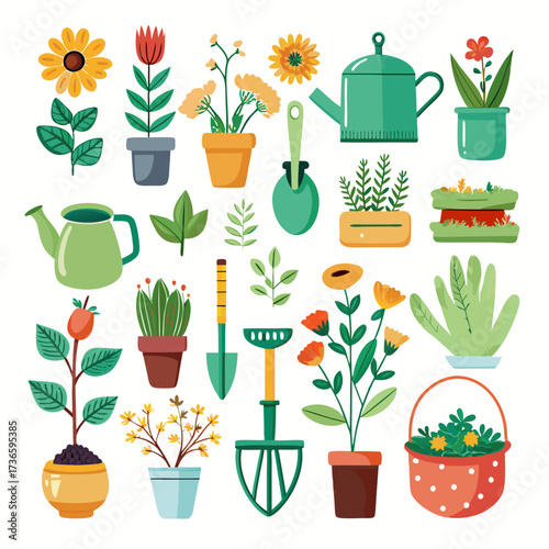 Cute flat vector design of potted plants and gardening tools