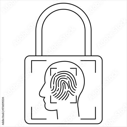 Editable Stroke Padlock with Face Recognition Icon – Minimalist Vector Security Symbol for Biometric Authentication, Cybersecurity & Smart Access with Customizable Line Weight