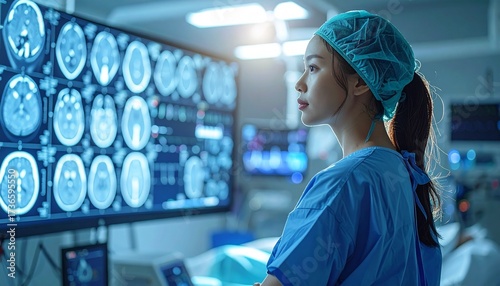 A focused medical professional in scrubs and cap examines detailed brain scans displayed on a large monitor in a brightly lit operating room.