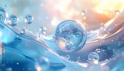 Abstract rendering of water droplets floating above a flowing, textured blue surface with a soft, light-filled background.
