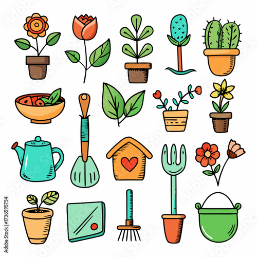 Colorful vector illustrations of garden plants and equipment elements