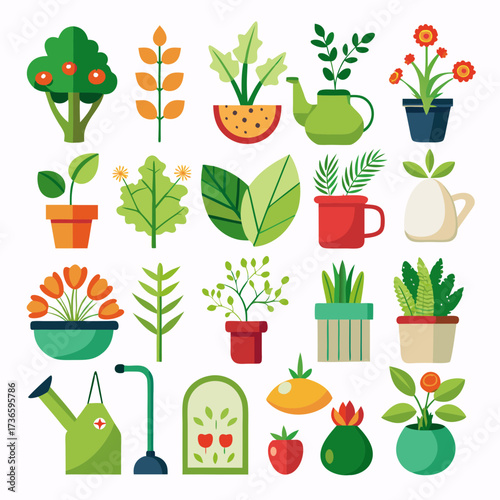 Vector illustration of houseplants and gardening equipment on white