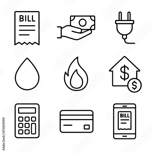 Simple vector icon set isolated representing utility bills and payments  