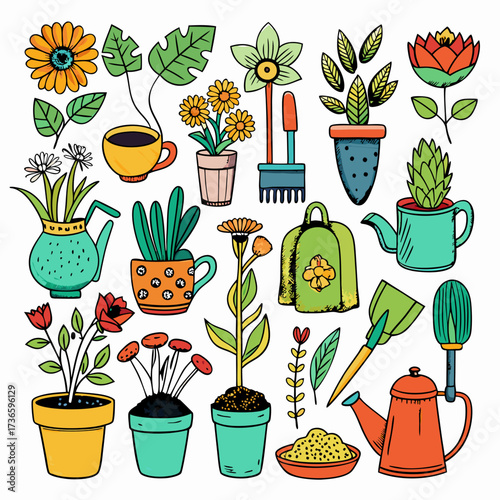 Cheerful floral pots and gardening equipment on white background