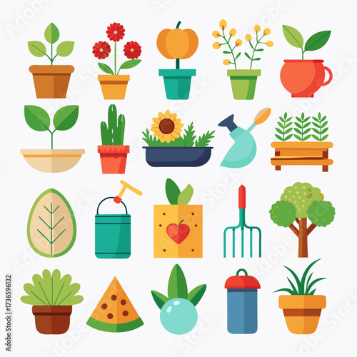 Colorful set of flat gardening icons on white background
