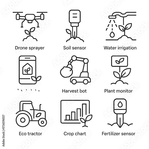 Plant irrigation monitor app vector sensor icons bot farming smart icon chart