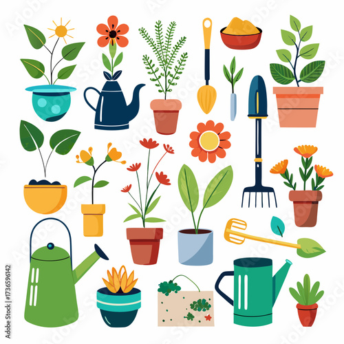 Flat vector gardening equipment and potted plant illustrations