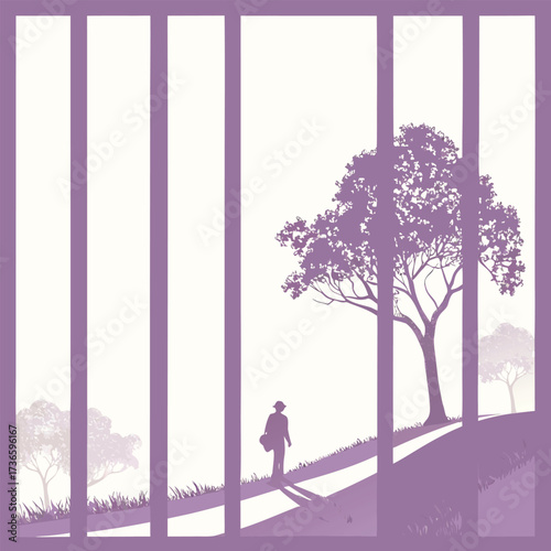 Silhouette of a person walking towards trees through bars