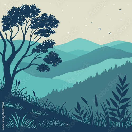 Silhouette of a Tree and Grasslands with Distant Mountains
