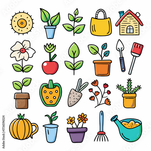 Colorful gardening icons depicting spring planting and home growth
