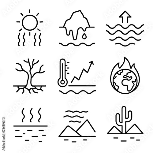 Temperature icons heat vector graph ocean warming ripple sun desert icon melting