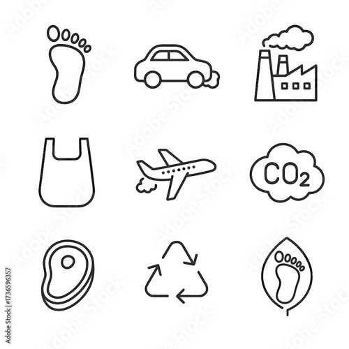 Icons factory vector airplane car footprint cloud exhaust green emission carbon icon