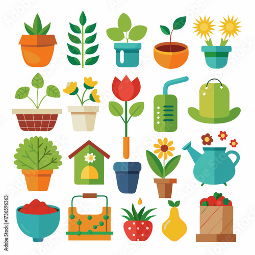 Colorful gardening vector collection of plants flowers and produce