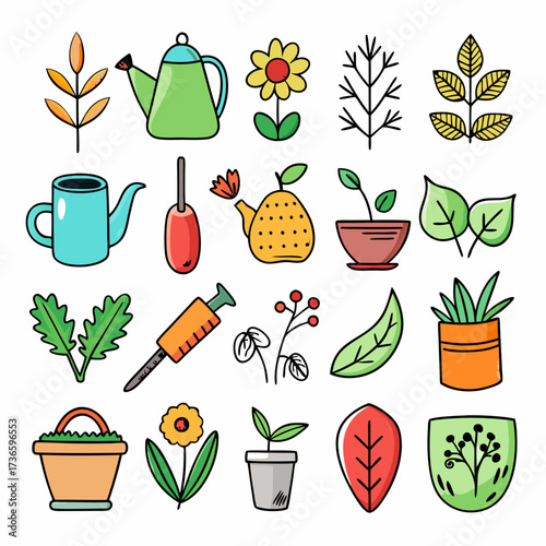 Colorful gardening tools and plants illustration on white background