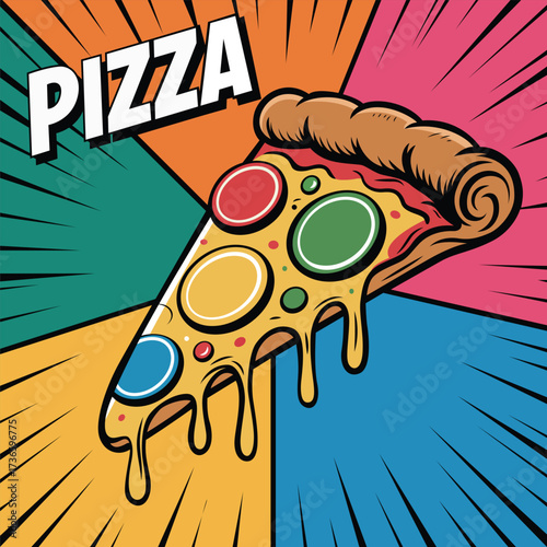 A vibrant pop art style cheesy pizza slice with colorful toppings and melting cheese, designed in a comic book retro theme, ideal for food posters, restaurant branding, fast food advertisements, digit