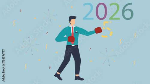 Businessman with boxing gloves faces 2026, symbolizing challenges and determination to achieve goals