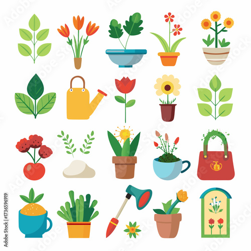 Collection of flat vector gardening plants and tools icons