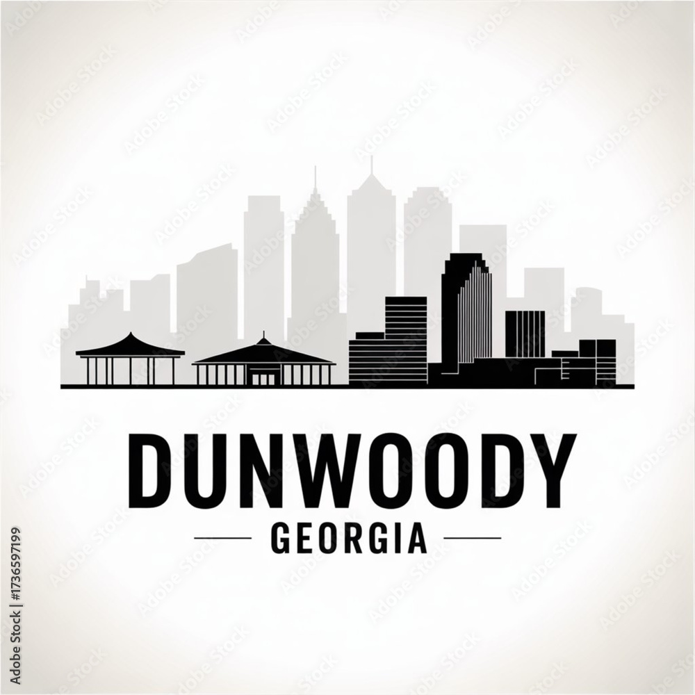 Naklejka premium ‎Dunwoody Georgia Skyline Silhouette — A Suburban Atlanta Business District Vector Illustration