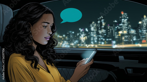Night taxi ride with subject texting friend for reassurance, city lights streak outside, supportive message bubble on screen reassurance seeking, support network, friendship, socia