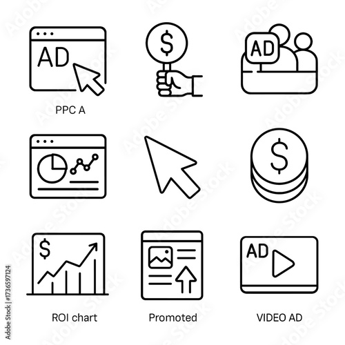 Advertising coin ppc dashboard vector video bidding roi campaign icon paid post