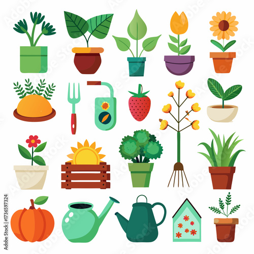 Colorful gardening icons and design elements for spring season