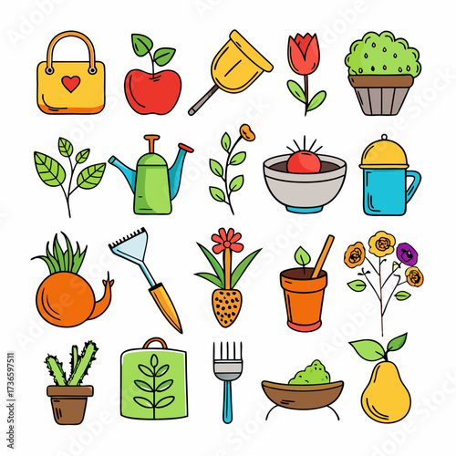 Collection of gardening tools and plants in playful cartoon style