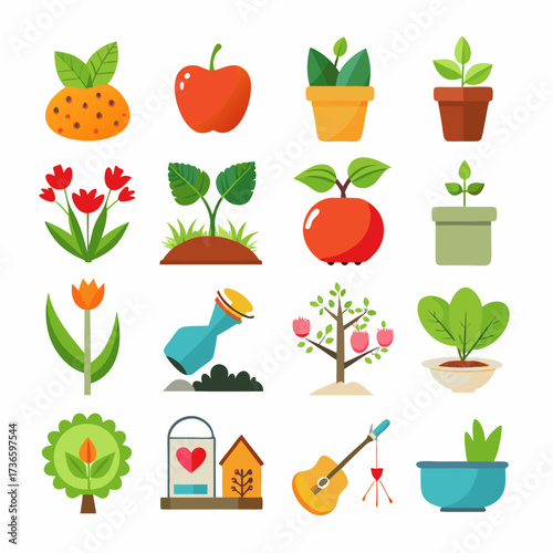 Collection of flat vector gardening and nature icons