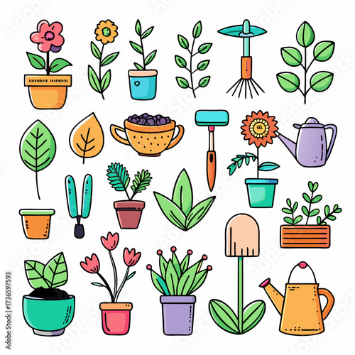 Cartoon style gardening equipment and potted plants arrangement