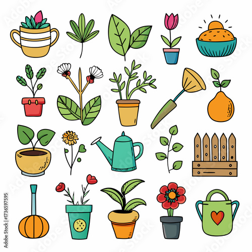Hand-drawn gardening collection with plants, flowers and gardening tools