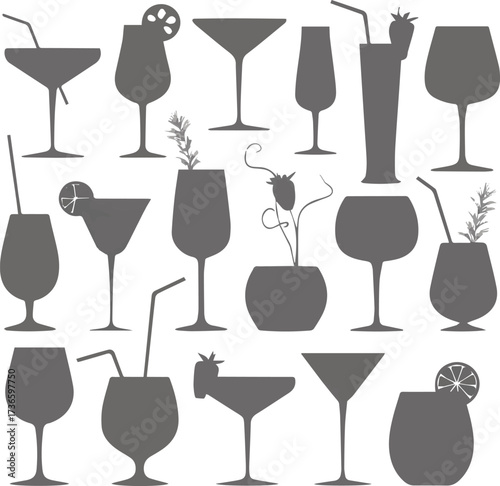 Collection of Silhouetted Cocktail Glasses and Drinks with Garnishes and Straws beverage