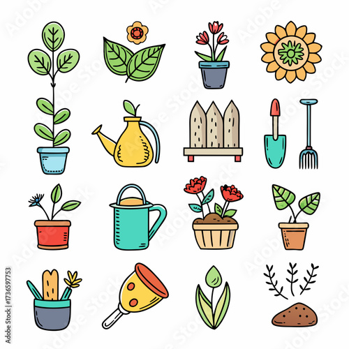 Gardening doodles icons set vector design for any use