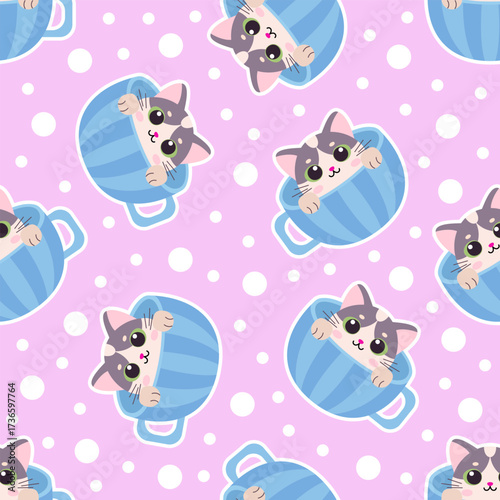 Seamless pattern with blue teacups and cute cartoon kittens. Suitable for wallpaper, backgrounds, fabric, wrapping paper, etc. Vector