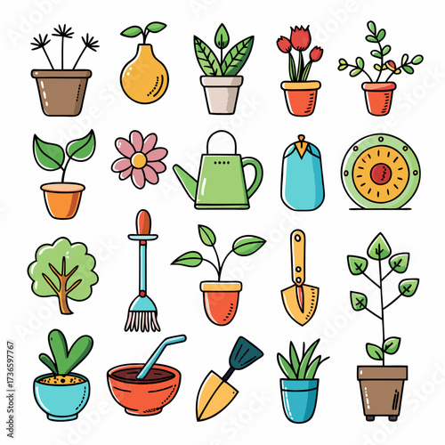 Collection of gardening tools and plants in cartoon style