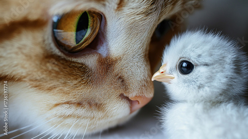 Innocent cat eyes and fluffy chick gaze in HD close-up on white 32k, full ultra hd, high resolution