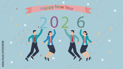 Enthusiastic business team celebrating the arrival of the year 2026 with joy and anticipation for success