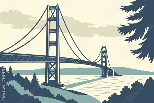 Mackinac Bridge in Michigan, suspension bridge stretching across Straits of Mackinac connecting peninsulas