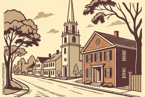 Main Street in Concord, Massachusetts, colonial town street with church steeples and brick shops