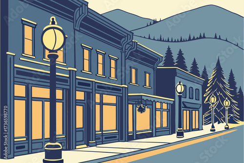 Main Street in Park City, Utah, mountain town street with ski shops and glowing lights