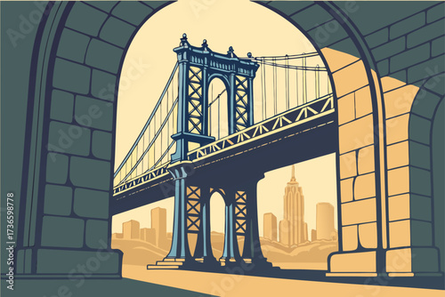Manhattan Bridge in New York City, New York, blue steel suspension bridge with skyline framed through stone arches