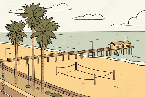 Manhattan Beach in California, wide sandy shoreline with volleyball courts and fishing pier