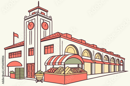 Los Angeles Original Farmers Market in California, historic stalls with gourmet foods and neon signs
