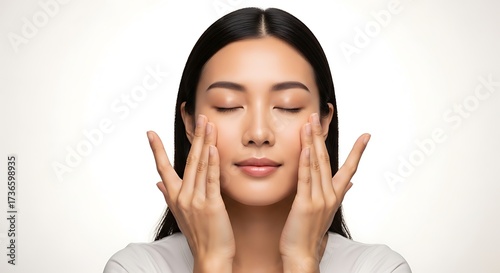 A young woman with closed eyes gently massages her face with her hands.