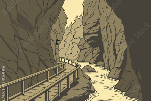 Lost River Gorge Caves in New Hampshire, wooden walkways through narrow granite caves