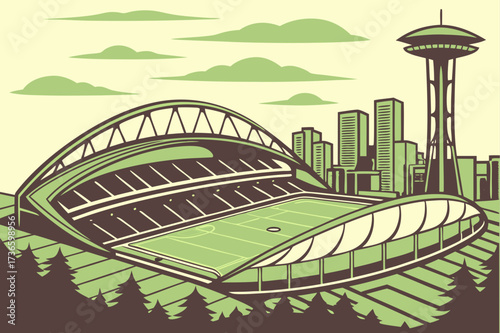 Lumen Field in Seattle, Washington, sweeping football and soccer stadium with iconic roof arches