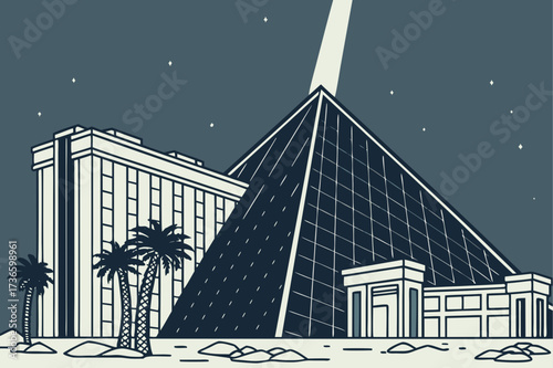Luxor Hotel Pyramid Beam in Las Vegas, Nevada, glass pyramid tower glowing with skyward light