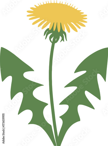 A stylized illustration of a dandelion with green leaves and a yellow flower head