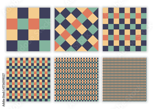 Retro seamless checkered pattern set with navy, green, orange and beige tones