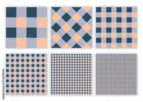 Peach gray and dark blue seamless checkered digital paper pack