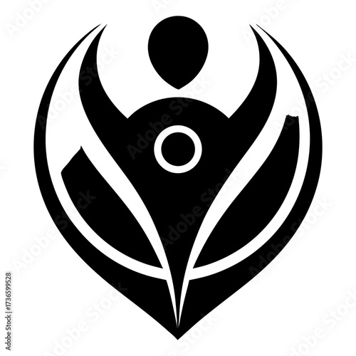 A modern gradient icon design showing a minimal human figure with a stylized heart shape in the center of the body. The figure is created with smooth curves and rounded edges, blending shades of purpl